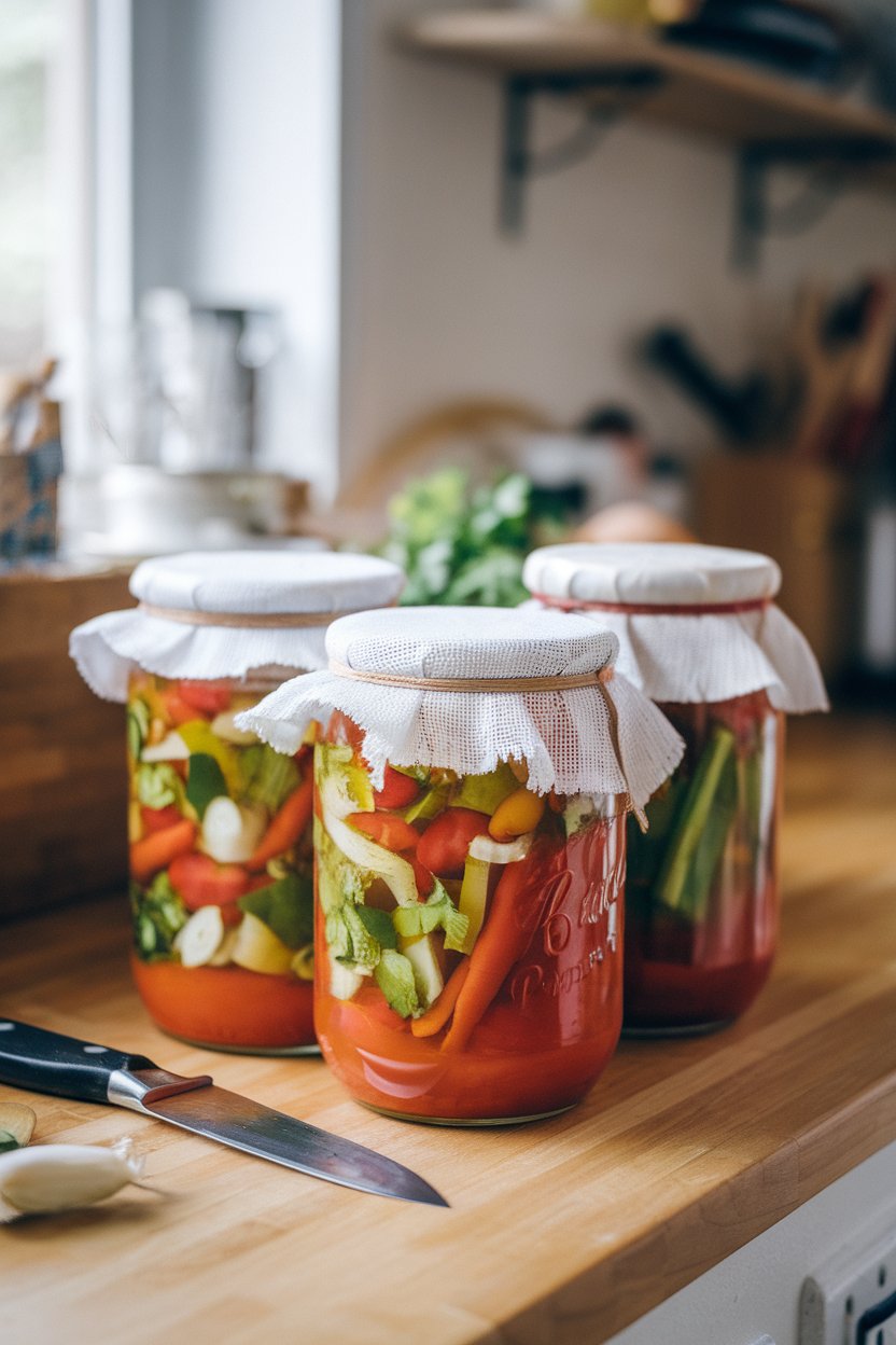 Photo of carton-free homemade vegetable broth in glass jars cooling on a kitchen counter indoors, no logos.