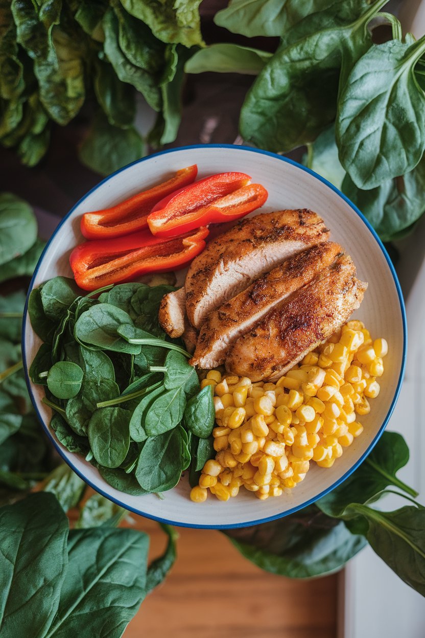 Plate featuring green spinach, red bell peppers, and yellow corn alongside chicken, shot from above indoors, no logos.