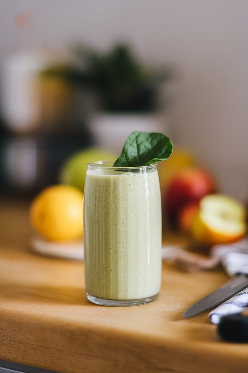 An indoor countertop scene with a clear glass filled to the brim with a pale green smoothie, garnished with a spinach leaf. No logos or text; photo, not illustration.