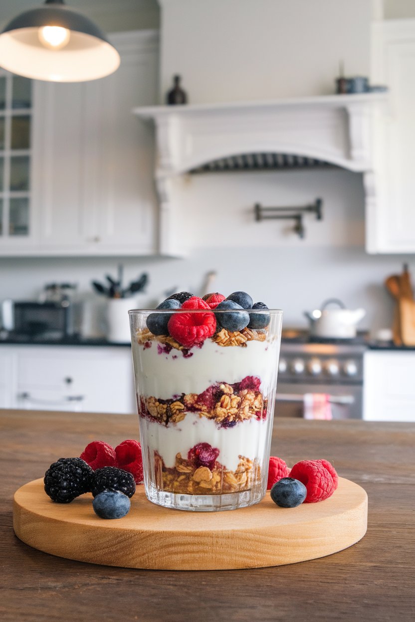 A clear indoor glass filled with layers of plain Greek yogurt, granola, and mixed berries, photographed on a kitchen island, no logos present.