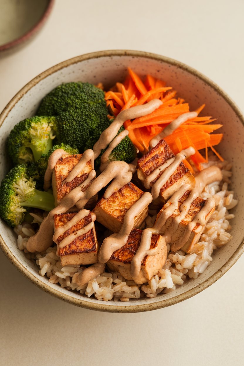 An indoor ceramic bowl with cubes of seared tofu, steamed broccoli, shredded carrots, and brown rice drizzled in sesame-ginger sauce. No logos in shot.