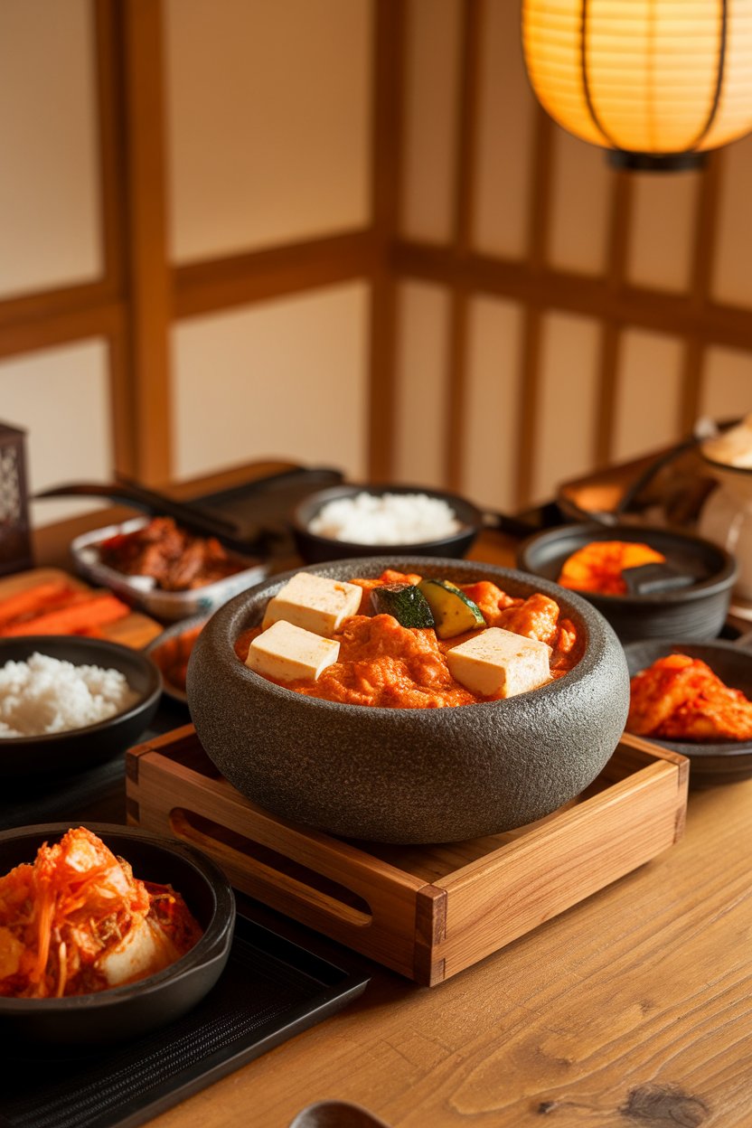 Indoor Korean dining table with stone bowl of bubbling doenjang jjigae, tofu cubes and zucchini visible. No text or logos. Photo.