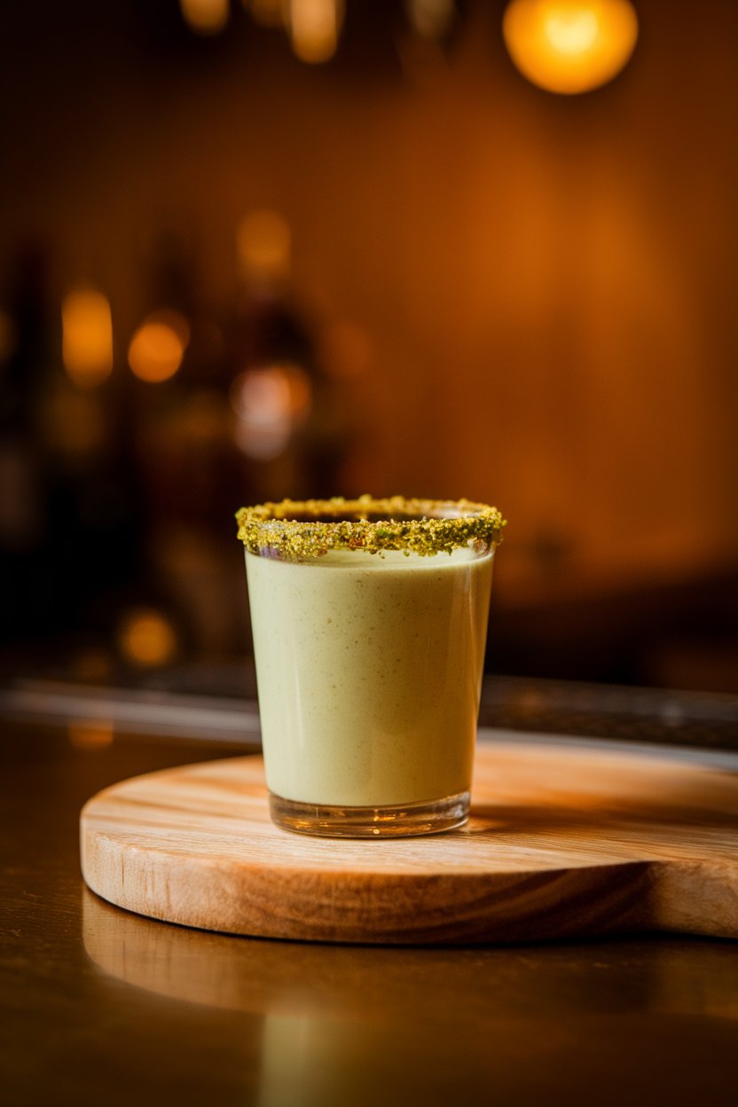 Photo of pale-green creamy shots, crushed pistachio rim, warm bar lighting; no text or logos.