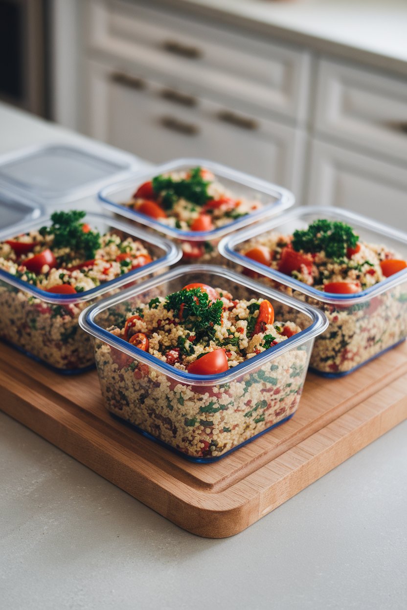 Indoor meal-prep containers filled with colorful quinoa salad dotted with cherry tomatoes and parsley. No logos or text.