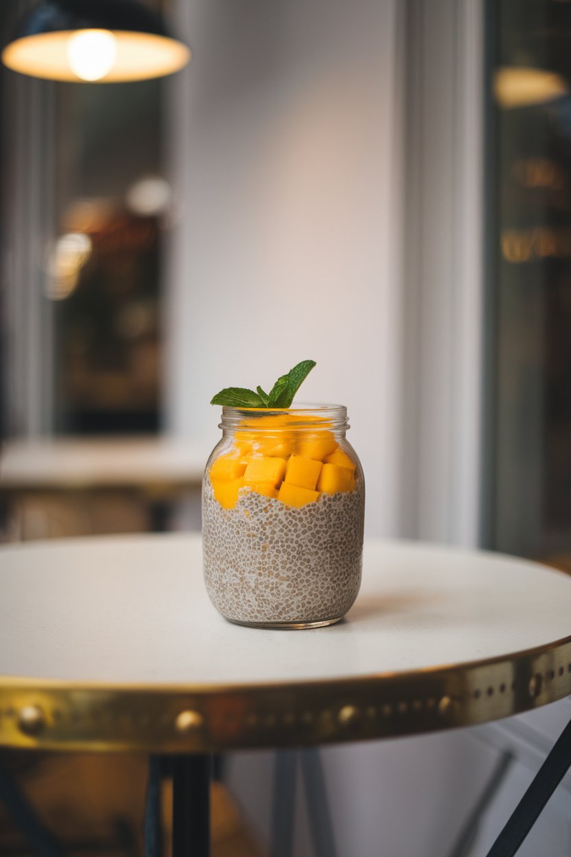 A small indoor café-style table showing a glass jar of chia pudding layered with bright mango cubes and a mint sprig. No text or branding visible. Photo only.