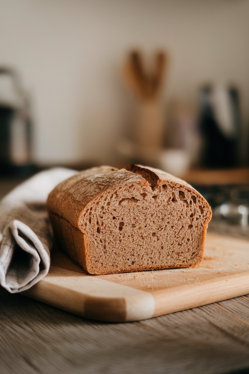 Indoor cutting board with a sliced loaf of whole grain bread, crumb texture visible, cloth napkin nearby. No brand labels or text. Photo.