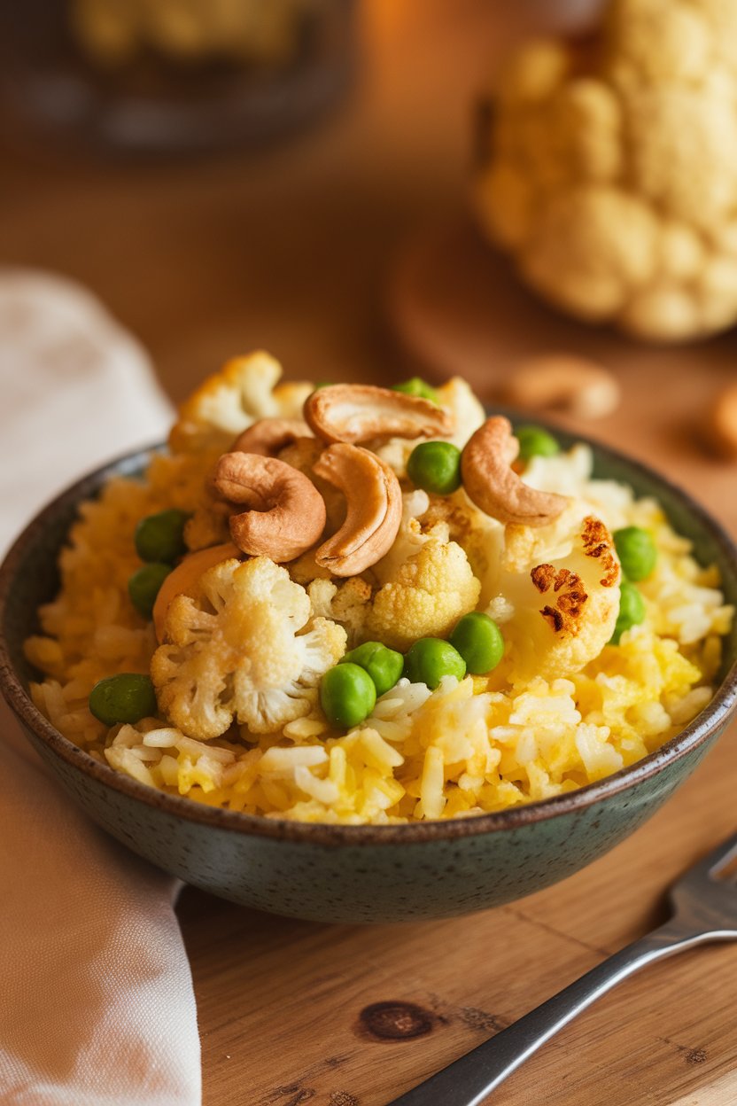 A warmly lit indoor bowl of yellow coconut rice topped with roasted cauliflower, peas, and toasted cashews. No text or logos; photo, not illustration.