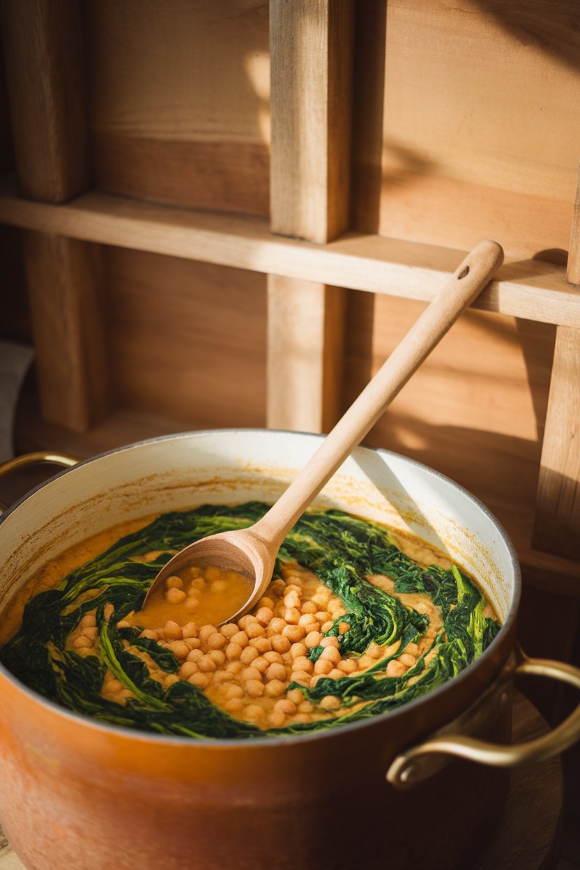Indoor photo of a rustic pot filled with golden chickpea stew, vibrant green spinach swirls, and a wooden ladle resting inside. No text or logos.