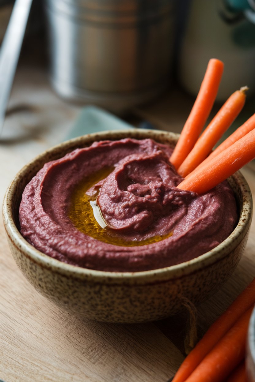 Photo, indoors, rustic bowl of thick eggplant-lentil dip, drizzle of olive oil on top, surrounded by carrot sticks. No text or logos.