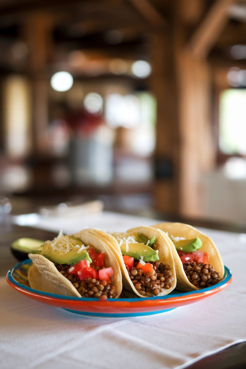 An indoor dining table showing soft tacos filled with seasoned brown lentils, diced tomatoes, and avocado slices, placed on a colorful plate. No logos. Photo.
