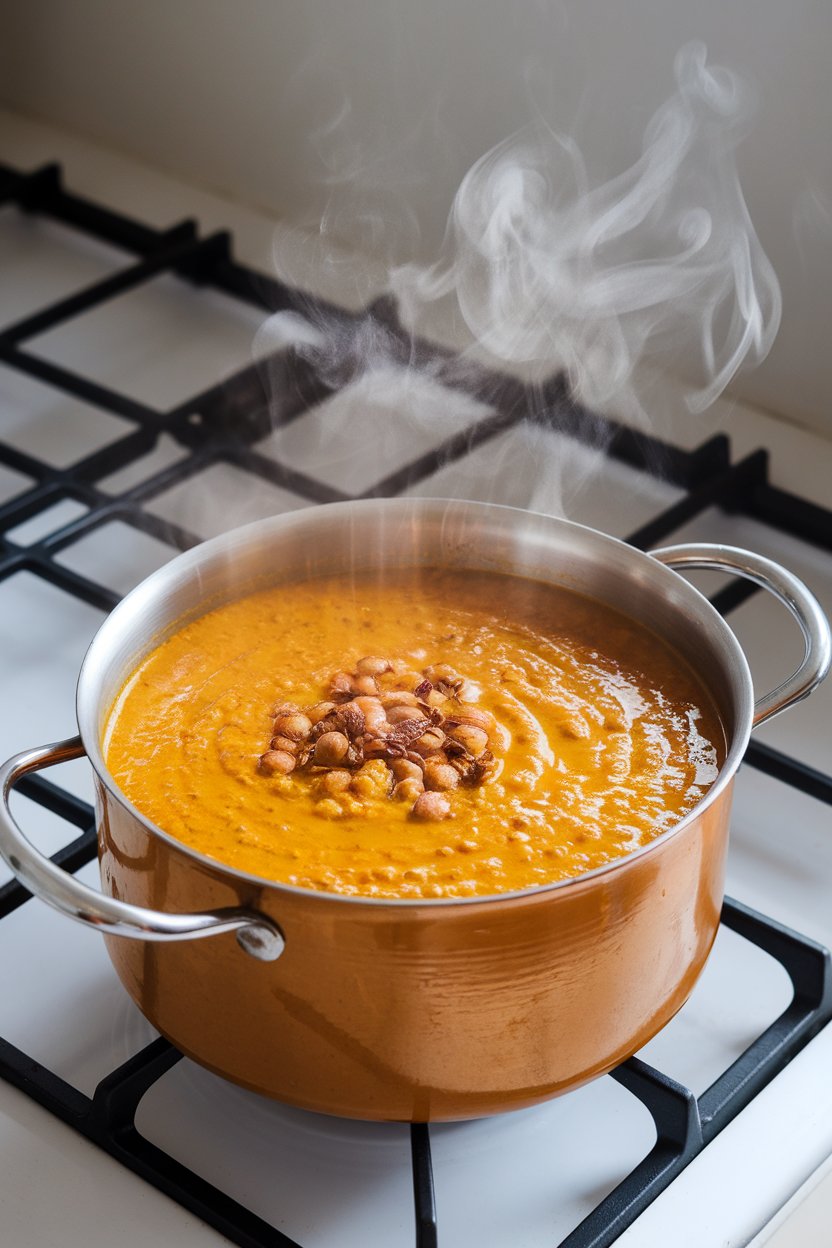 Photo of an indoor stovetop displaying a simmering pot of turmeric-ginger lentil soup, golden in color with steam curling upward. No text or logos visible.