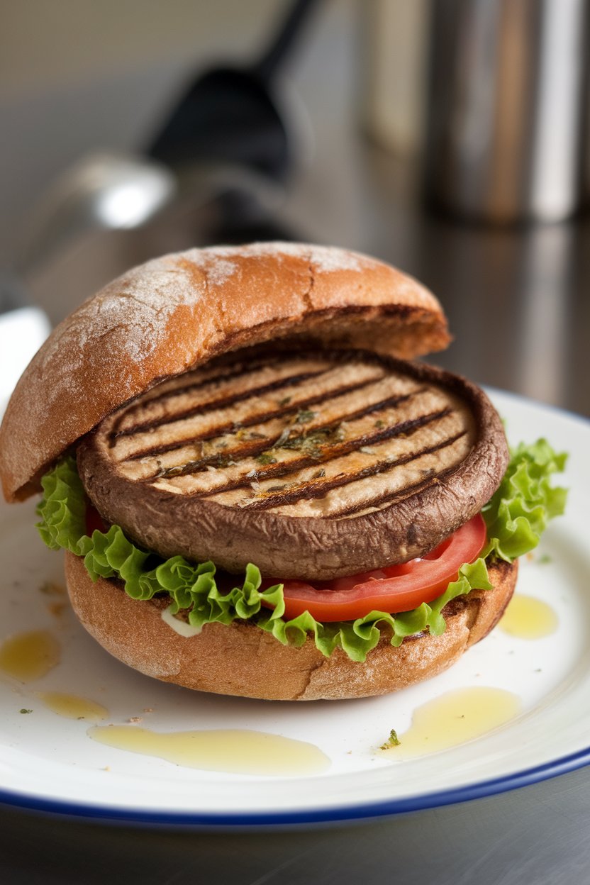Indoor grill pan with a cooked portobello mushroom cap nested in a whole-grain bun, lettuce and tomato visible. No text or logos, photo not illustration.