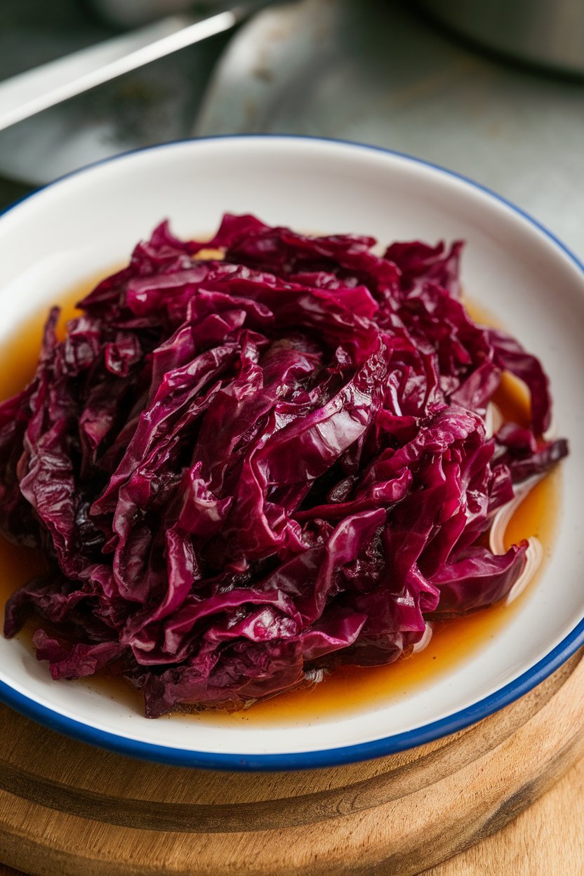Indoor serving dish of tender ruby-colored cabbage ribbons glistening with apple cider braising liquid. No text or logos.