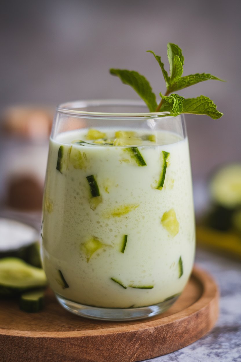 An indoor glass of pale green chaach (buttermilk) with grated cucumber and amla pieces, a sprig of mint on top. No text or logos. Photo, not illustration.