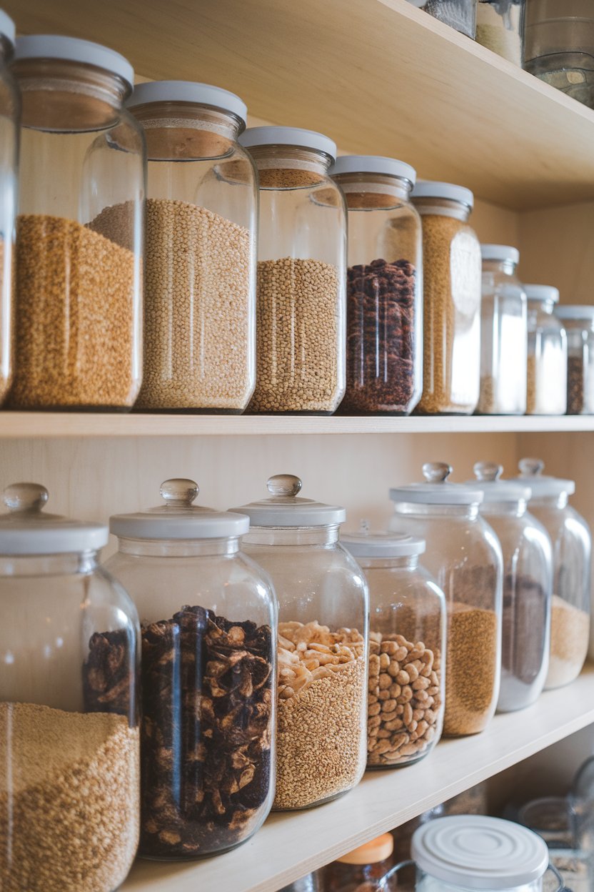 A tidy kitchen pantry shelf with clear jars of grains, nuts, and dried fruit, photographed straight-on in soft light, no labels.