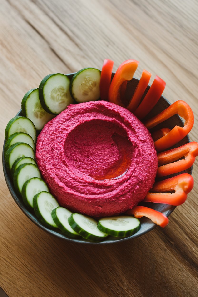 Photo of a small indoor bowl of bright pink beet hummus surrounded by sliced cucumbers and bell pepper strips, no text or logos.