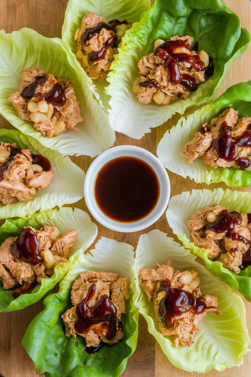 Indoor photo of crisp lettuce leaves filled with minced chicken, water chestnuts, and hoisin glaze, no text or logos.