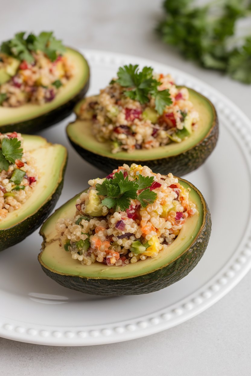 Indoor plate of halved avocados filled with colorful quinoa salad, garnished with parsley. No logos.
