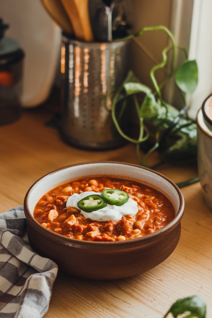 Indoor kitchen counter with a ceramic bowl of hearty chicken and white bean chili topped with sliced jalapeños and Greek yogurt. Photo, no text or logos visible.