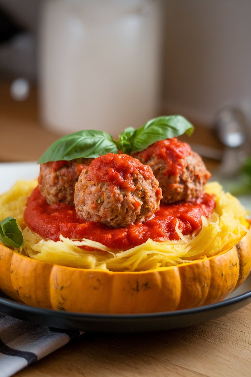 Indoor photo of turkey meatballs simmered in marinara atop spaghetti squash strands, basil garnish, no text or logos.