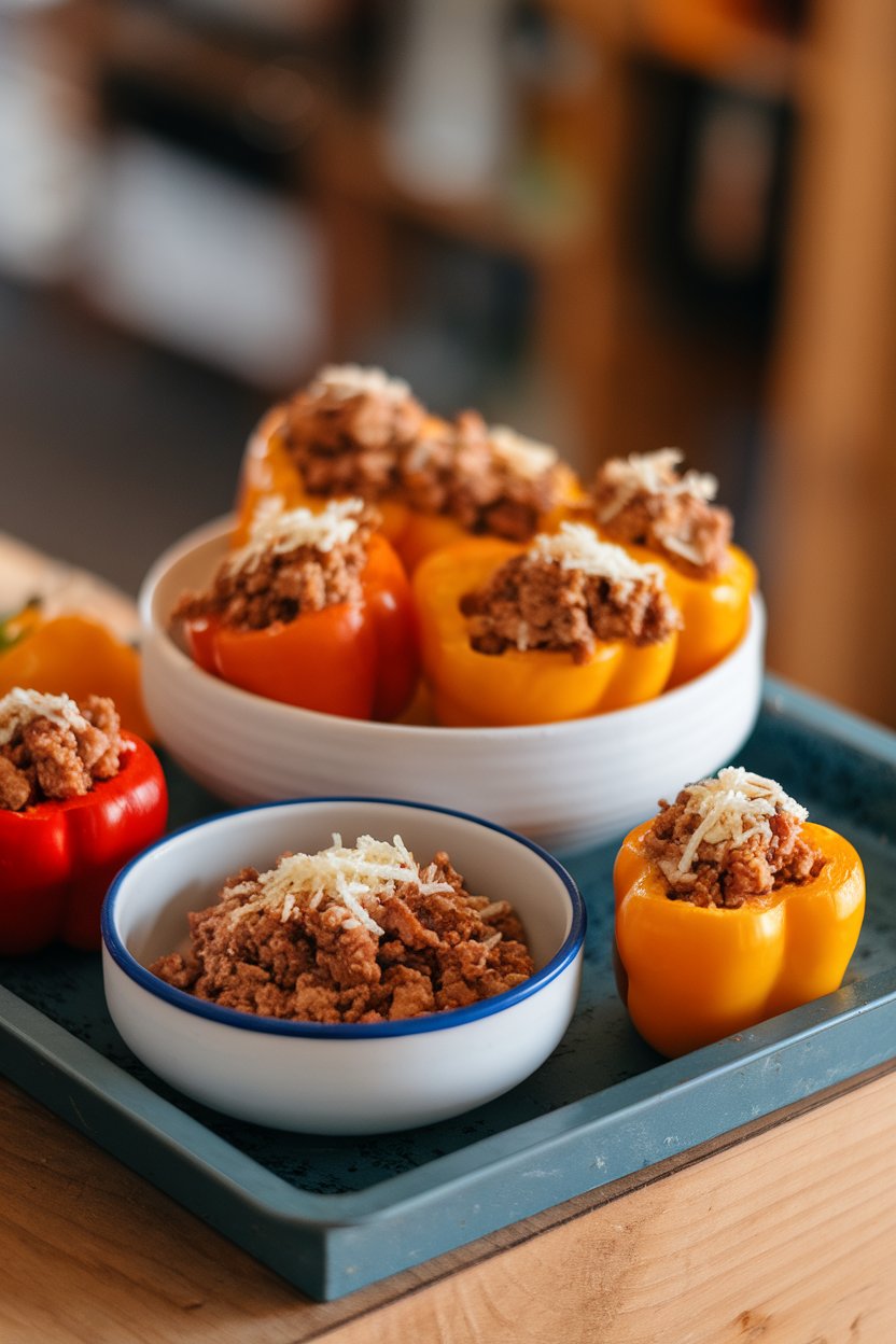 An indoor tray displaying halved mini bell peppers filled with seasoned ground turkey and topped with a sprinkle of cheese. Photo, no text or logos.