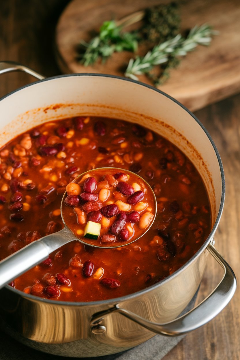 Photo of an indoor soup pot with hearty turkey chili containing kidney beans and diced zucchini, ladle resting on rim, no text or logos