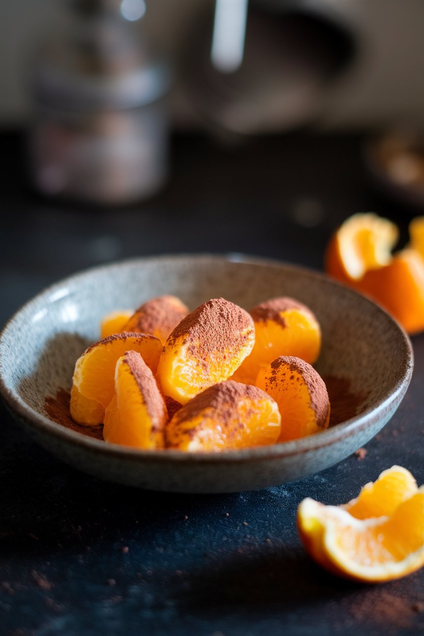 Indoor photo of small orange segments lightly dusted with unsweetened cocoa powder in a shallow bowl. No text or logos.