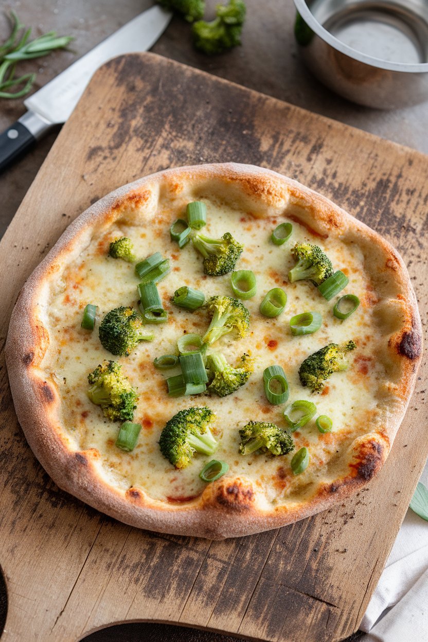 Indoor photo of green-flecked broccoli-based thin crust pizza topped with light cheddar and scallions on a wooden peel, no text or logos