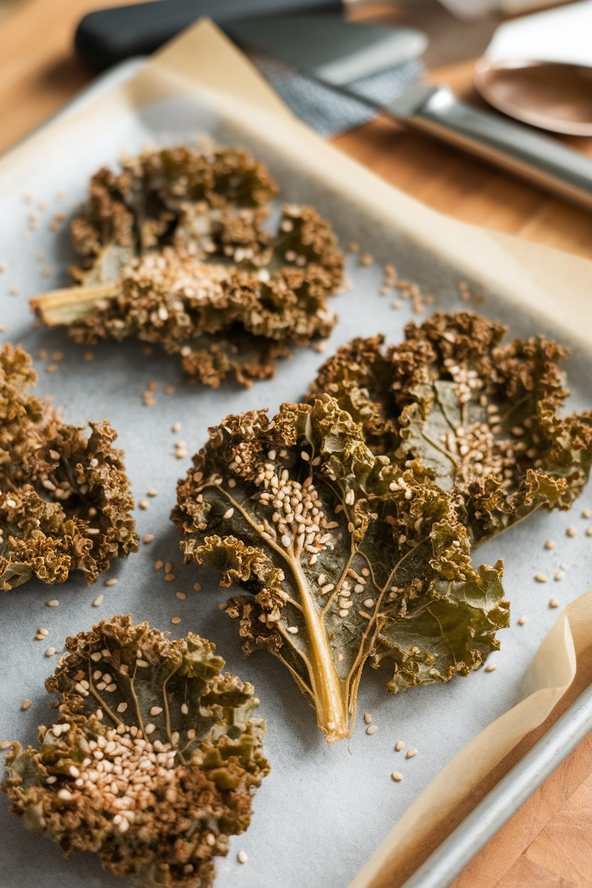 Indoor photo of crispy kale chips dusted with sesame seeds on a parchment-lined tray. No text or logos; photograph.