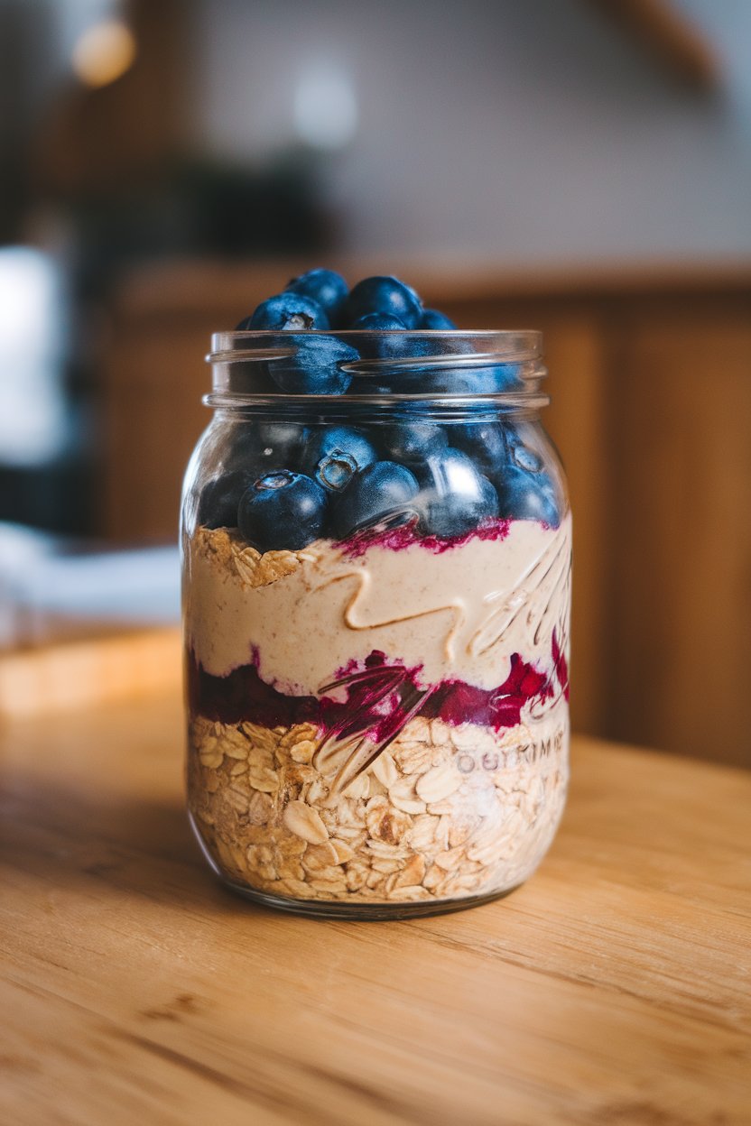 Indoor wooden counter shot of a jar layered with deep-blue berries and creamy almond butter ribbons through the oats. No brand markings. Photo not illustration.