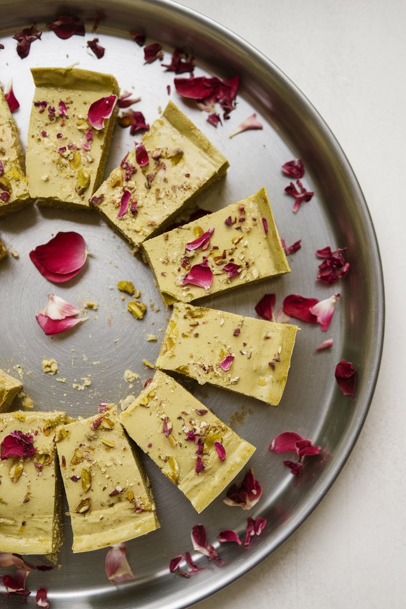 An indoor dessert tray featuring pale green pistachio bars sprinkled with edible rose petals. No text or logos; photograph only.