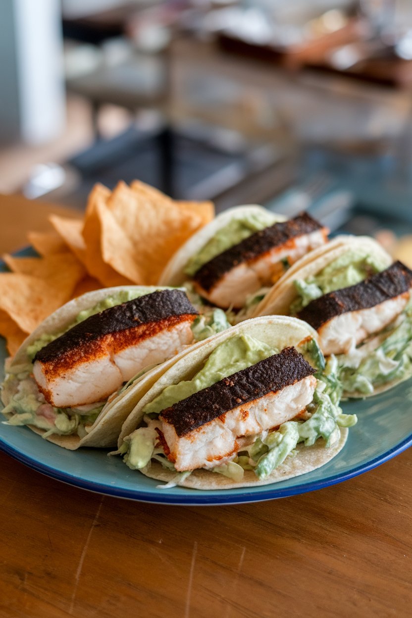 A plate on an indoor table featuring three corn tortillas filled with cooked blackened white fish and creamy avocado slaw. No text or logos present.