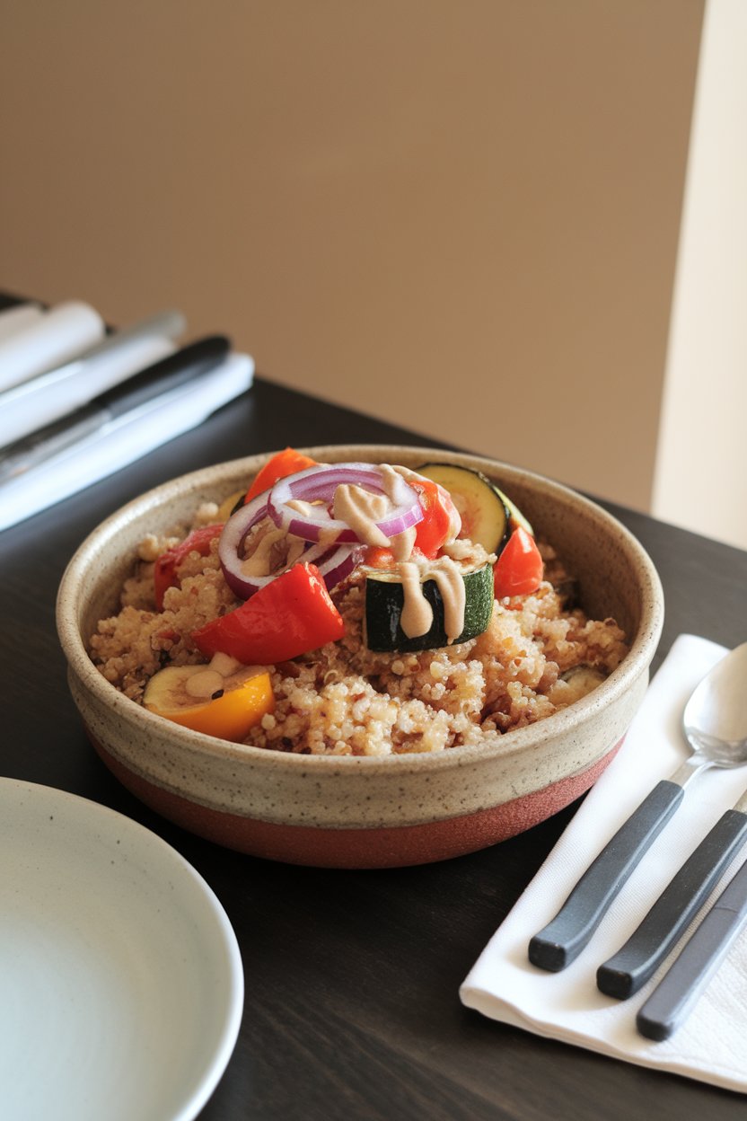 An indoor dining table featuring a ceramic bowl filled with fluffy quinoa, roasted bell peppers, zucchini, and red onion, all lightly drizzled with tahini. No text or logos present.