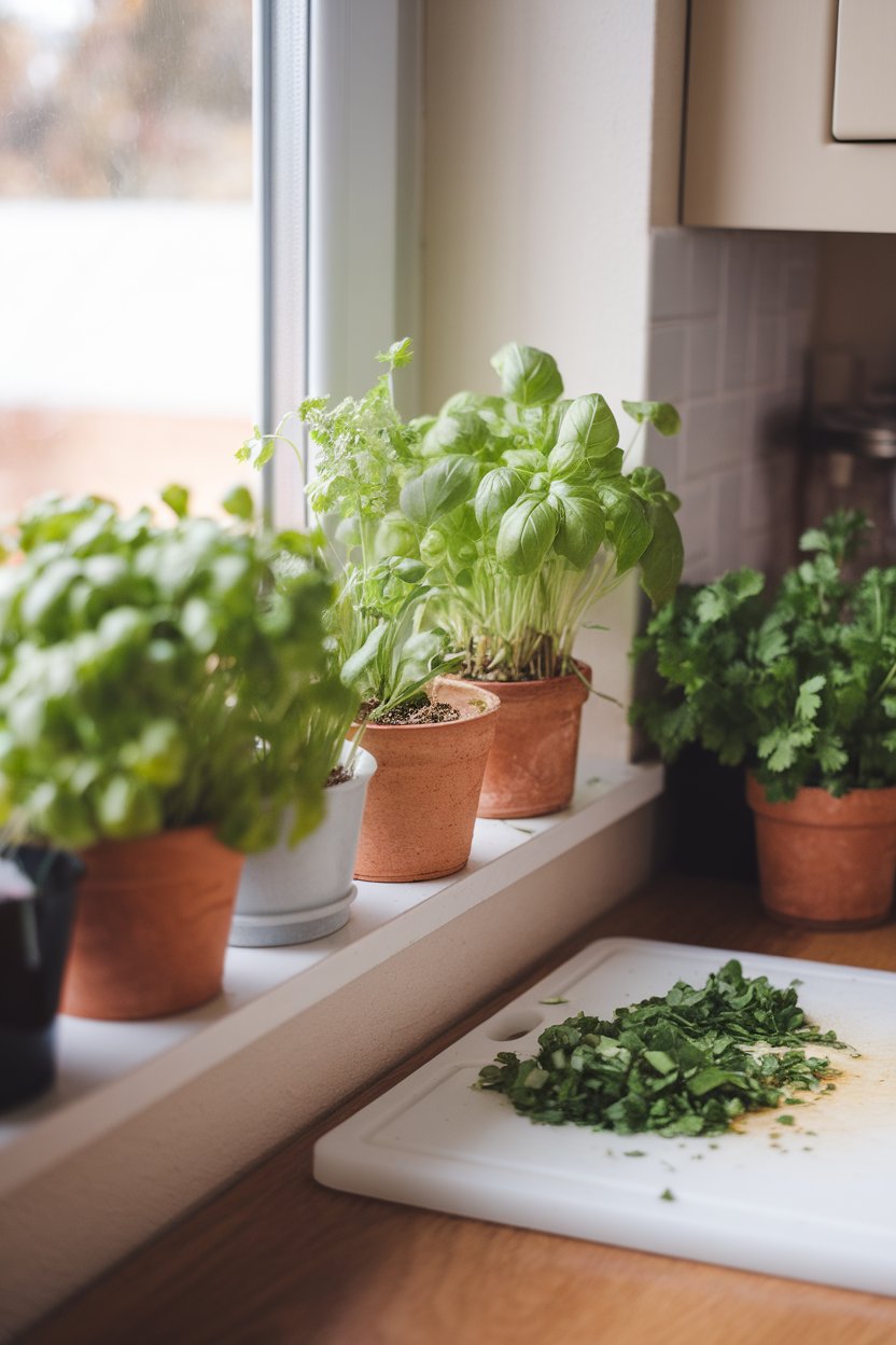 Photo of an indoor kitchen window ledge lined with small pots of basil, parsley, and cilantro next to a cutting board holding chopped herbs. No text or logos in scene.