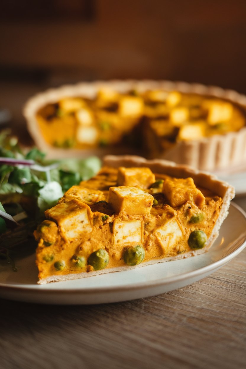 Photo of a slice of curry quiche with paneer cubes and peas, indoor warm light, no text or logos.