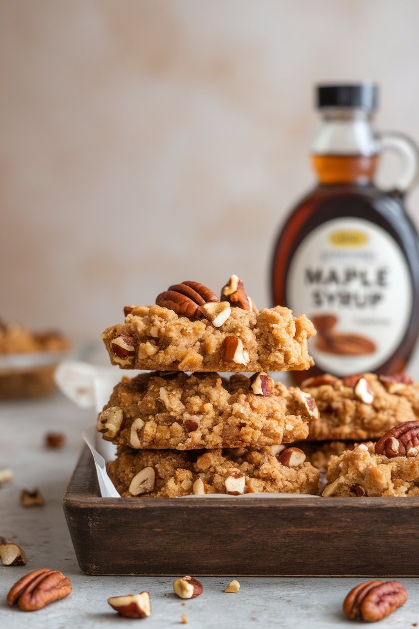 Crumbly pecan sandies stacked on a wooden indoor tray, a maple syrup bottle in background with label turned away. No logos.