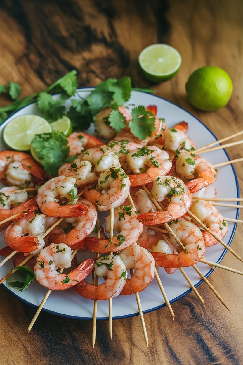 Indoor platter of cooked shrimp skewers glistening with cilantro lime marinade. No visible branding.