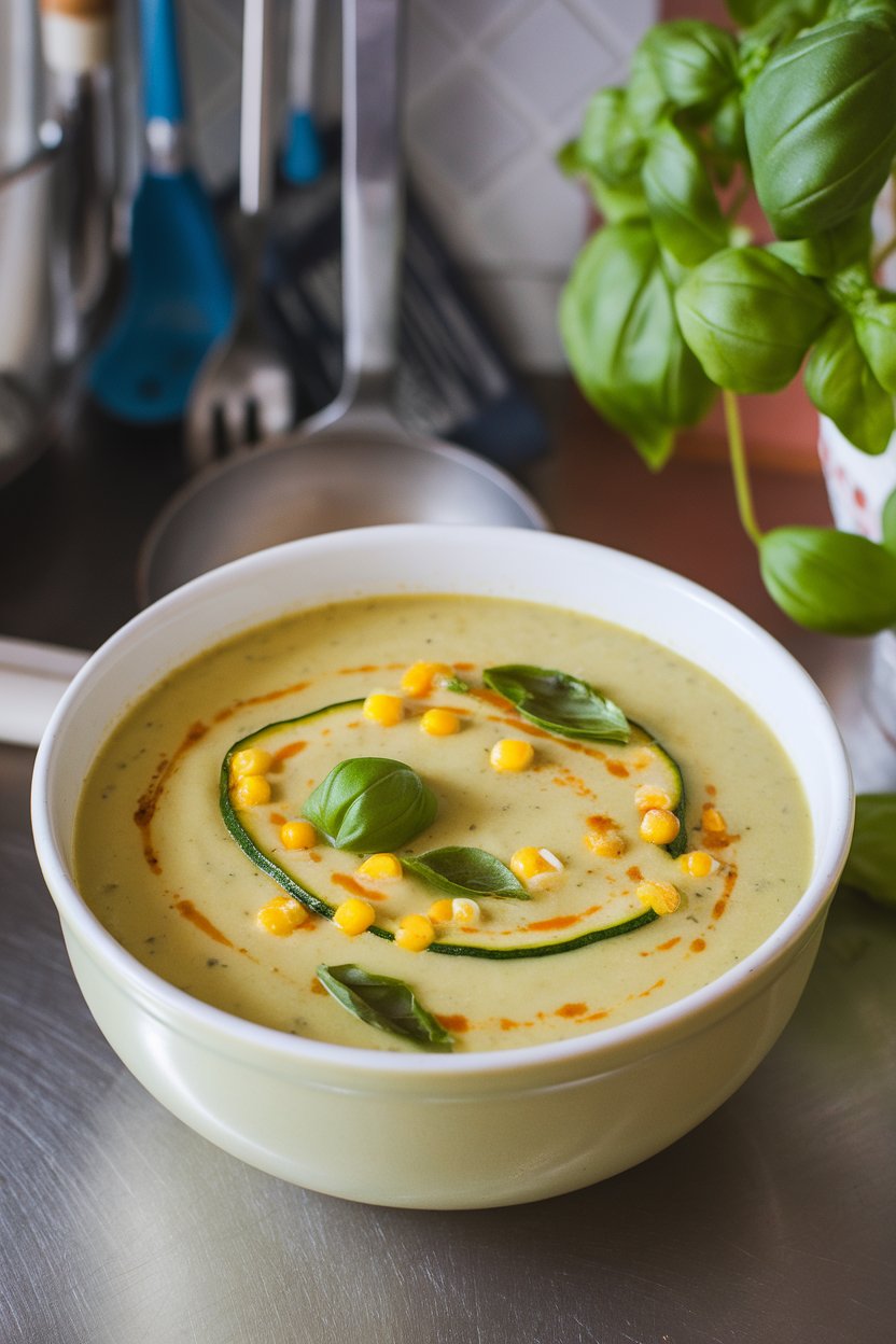 Indoor photo of light yellow zucchini and corn soup with basil ribbons, seated on a kitchen counter; no text or logos