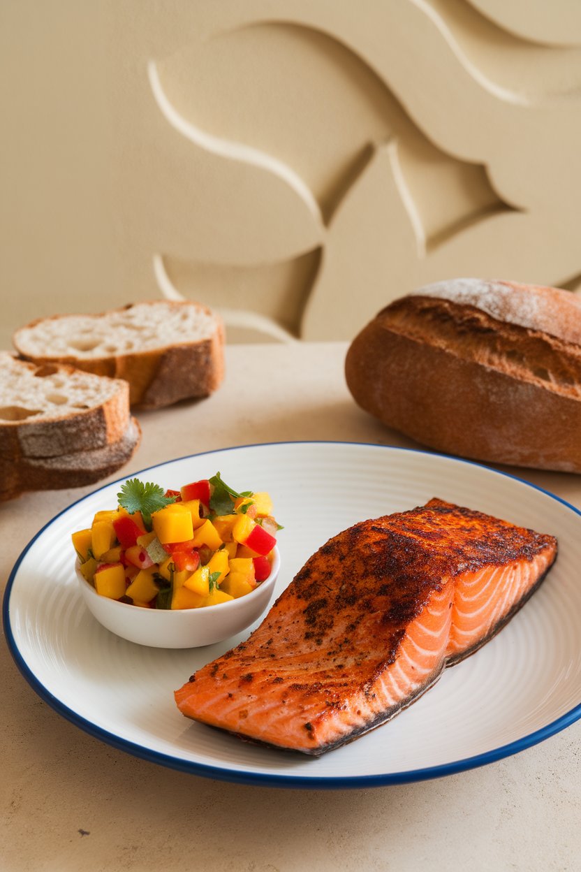 An indoor dining setup with a plate of char-spiced salmon beside a colorful mango, red pepper, and cilantro salsa. No logos or text visible.
