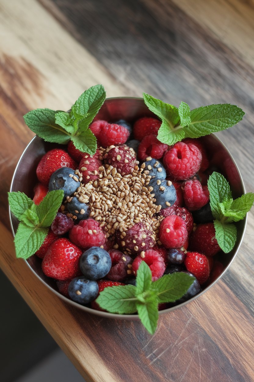 Indoor photo of a shallow bowl filled with mixed berries and a generous sprinkle of hemp seeds, mint leaves as garnish, no text or logos