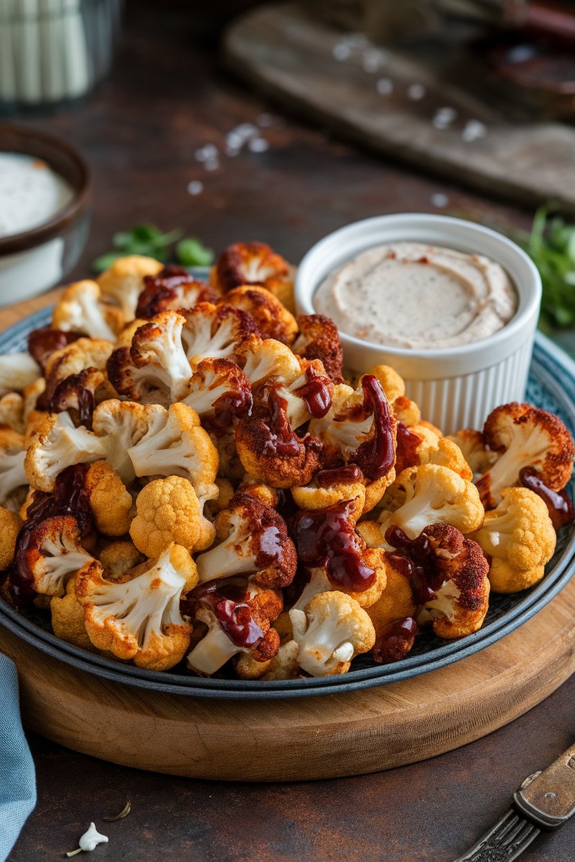 Indoor serving platter piled high with baked barbecue-glazed cauliflower florets, a ramekin of ranch-style cashew dip on the side. No text or logos present.