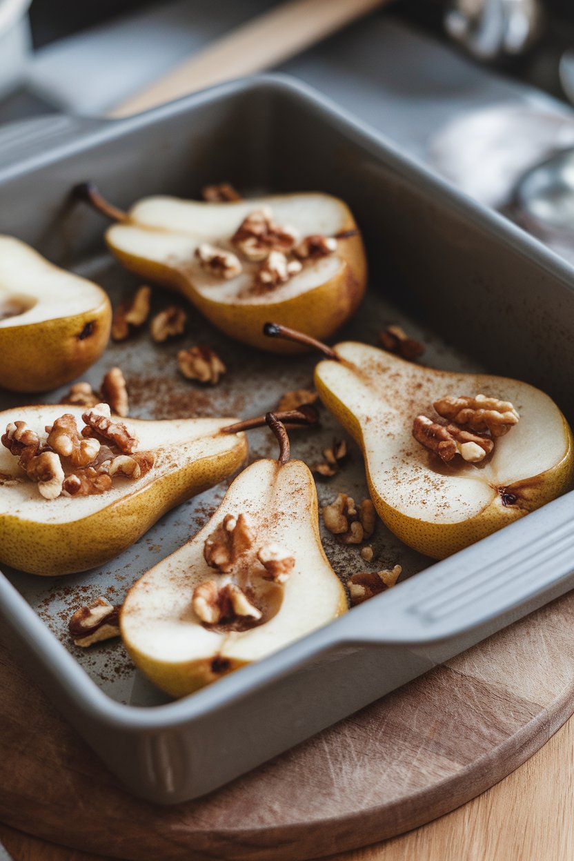 An indoor baking dish holding halved pears roasted until golden, sprinkled with chopped walnuts and cinnamon. No text or logos.