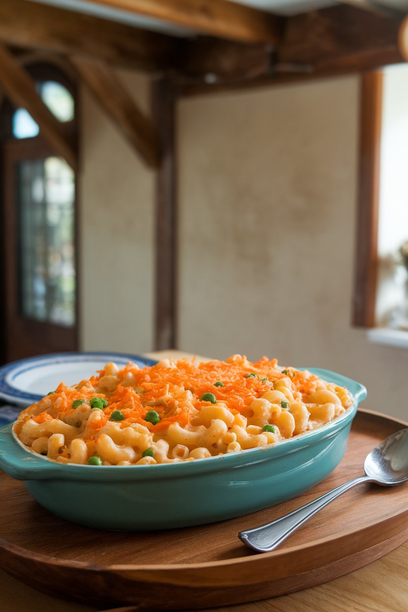 A casserole dish on an indoor dining table containing creamy mac and cheese with tiny flecks of orange carrot and green peas peeking through, cheese bubbling on top. No text or logos. Photo.