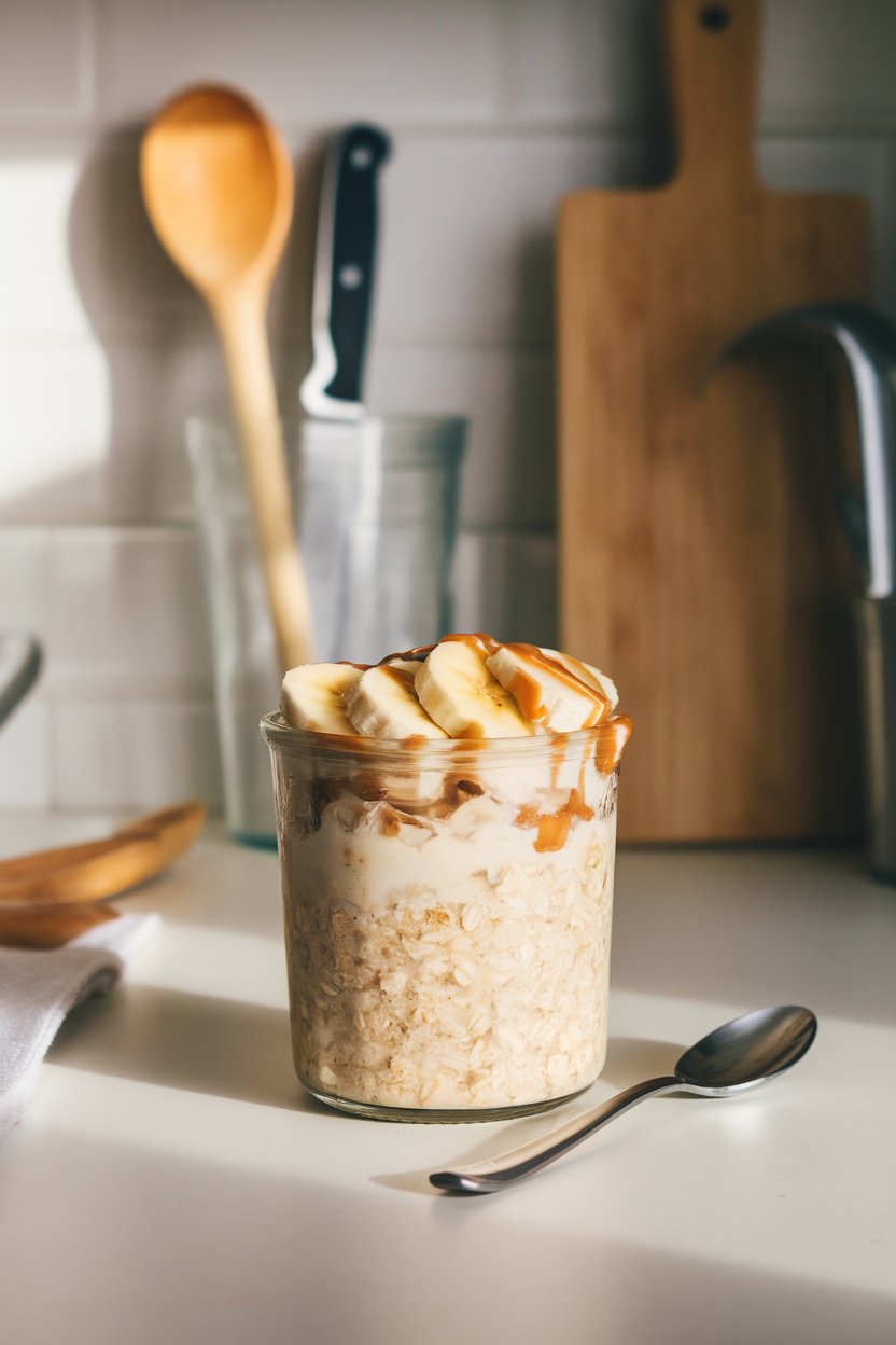 A softly lit indoor countertop holding a glass jar layered with creamy oats, sliced bananas, and a drizzle of almond butter on top, a spoon resting beside the jar. Photo, no text or logos anywhere in the scene.