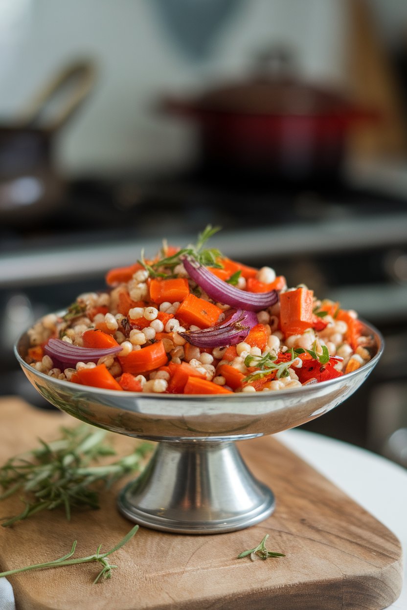 Indoor serving bowl of pearl barley mixed with roasted carrots, red onion, and bell peppers. No logos.