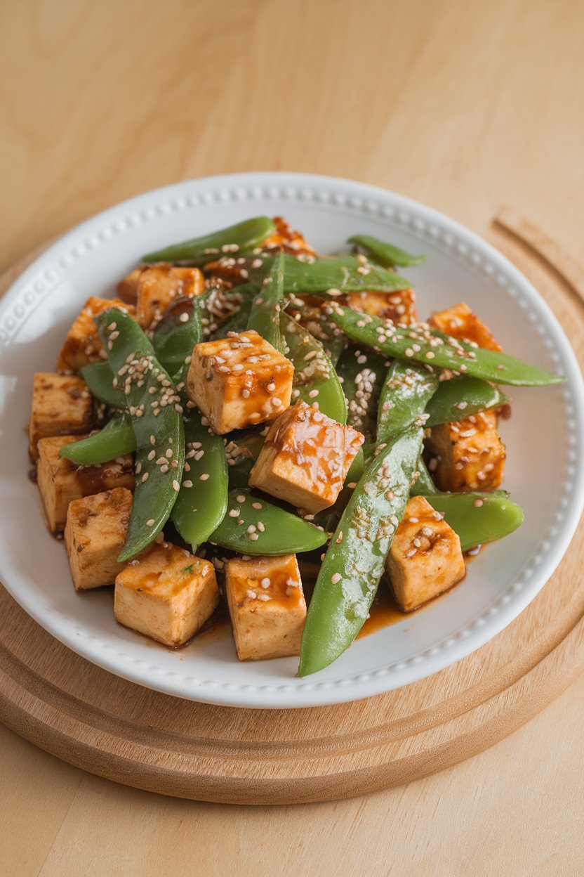 An indoor plate of cubed tofu and snow peas coated in a light teriyaki glaze, sprinkled with sesame seeds. No text or logos. Photo, not illustration.
