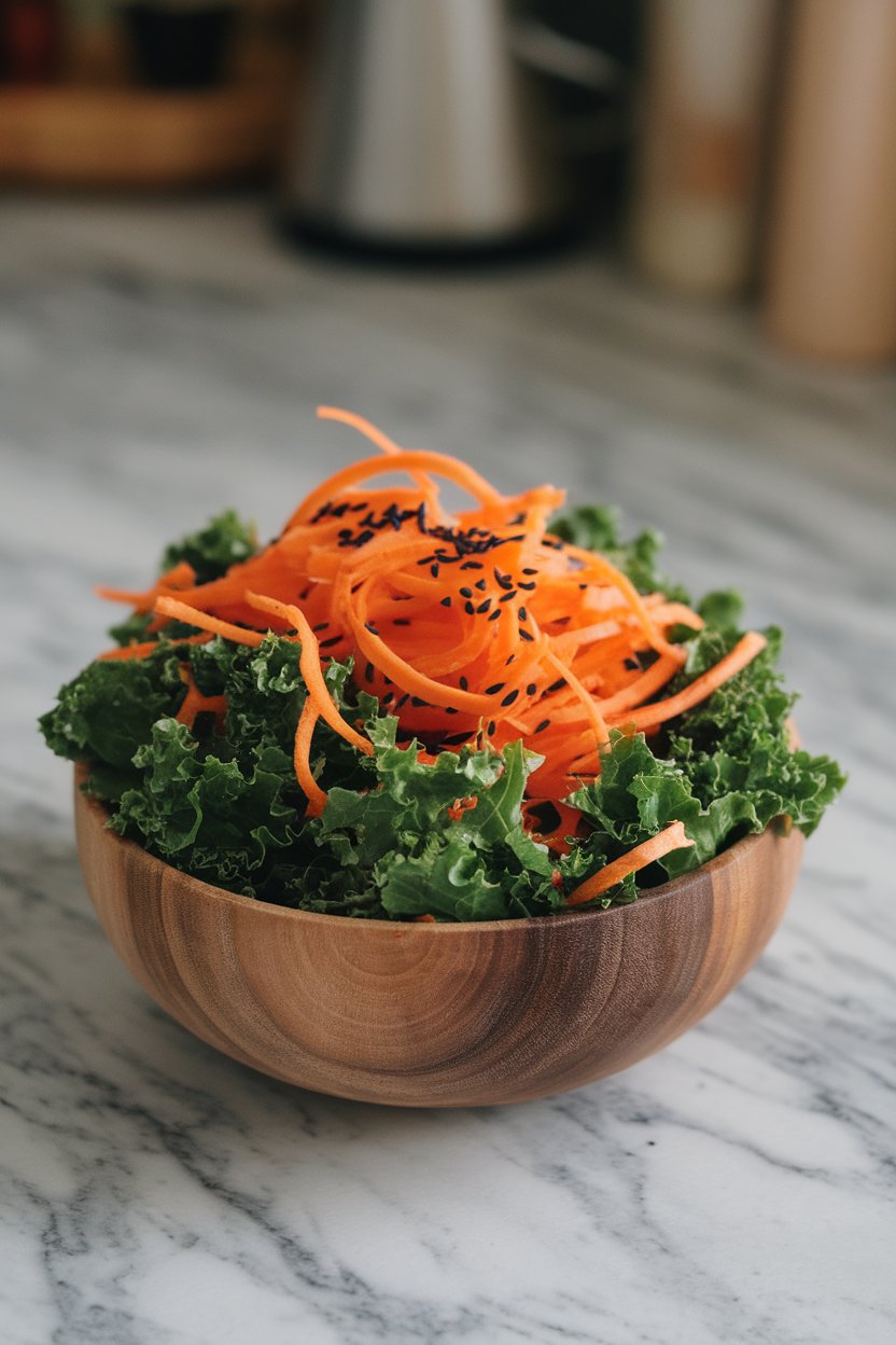 Photo of shredded kale and carrot ribbons sprinkled with black sesame seeds, set indoors on a countertop, no text or logos.