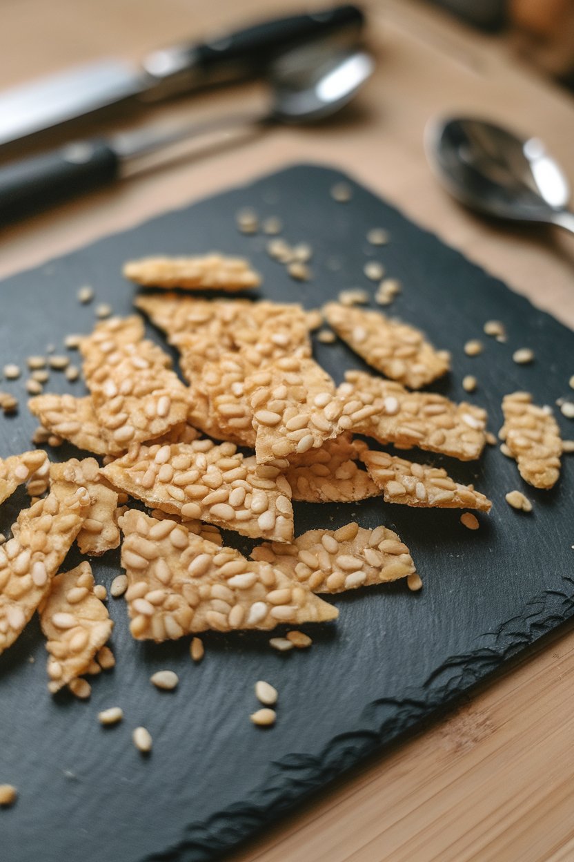 An indoor slate board with shards of golden sesame brittle catching the light, no text or logos visible. Photo only.