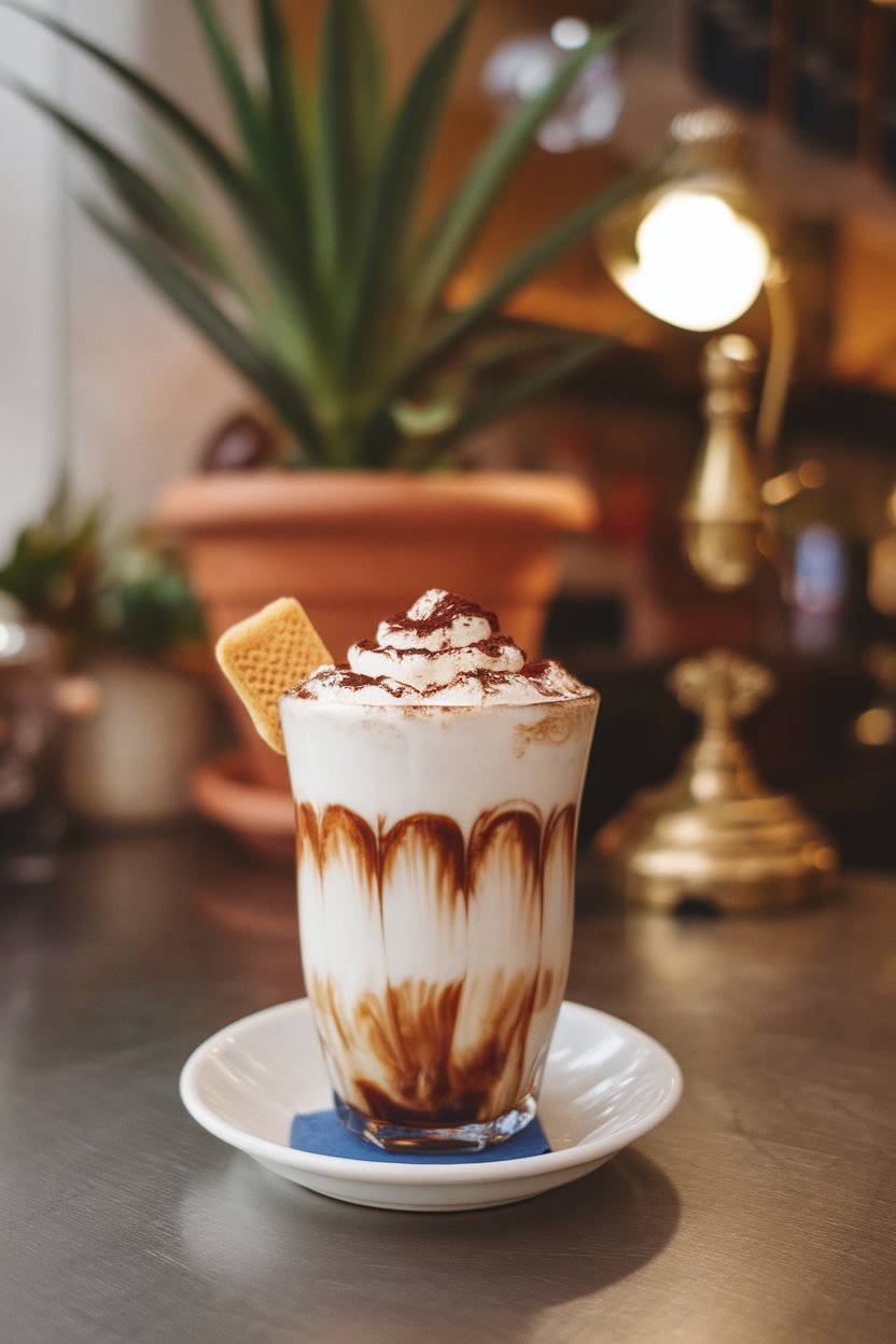 Indoor Italian café vibe with a tall glass tiramisu latte, cocoa dust stripe and ladyfinger perched on rim. No text or logos. Photo only.
