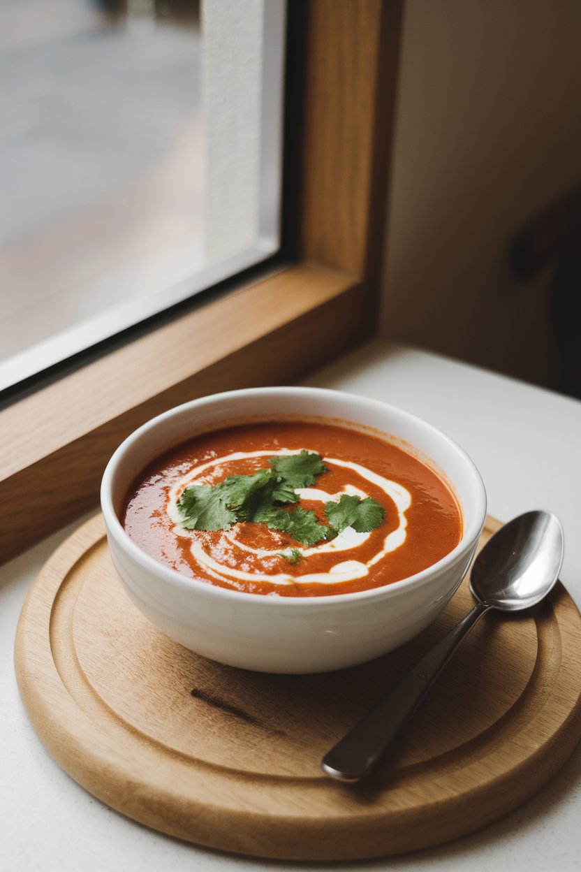 Indoor café window side with a bowl of red lentil tomato soup, swirl of yogurt and cilantro leaves. No text or logos. Photo.